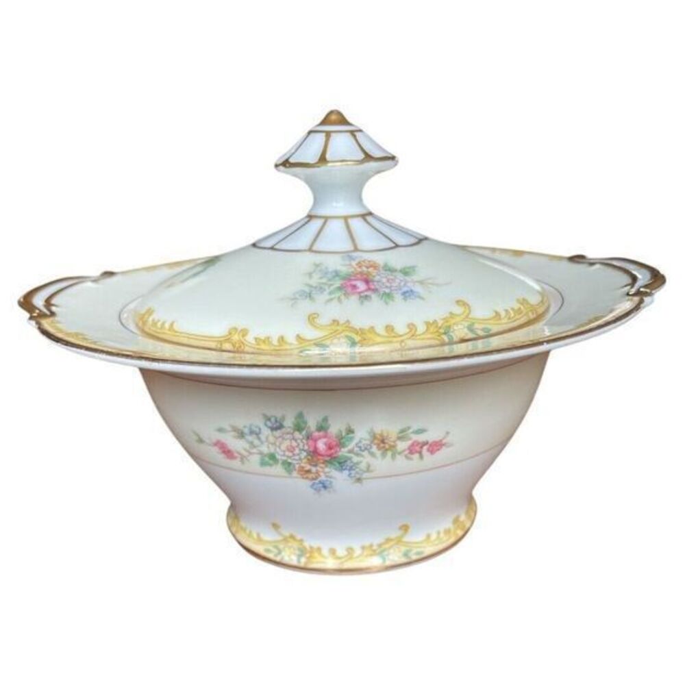 Noritake  N183 Sugar Bowl With Lid Yellow Border Floral Sprays Gold Trim‎ Japan